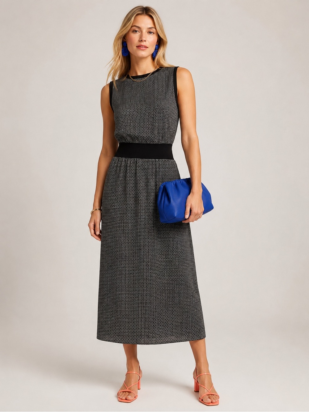 Theory Black 100% Silk Midi Dress M Stretch Rib Waist Geometric